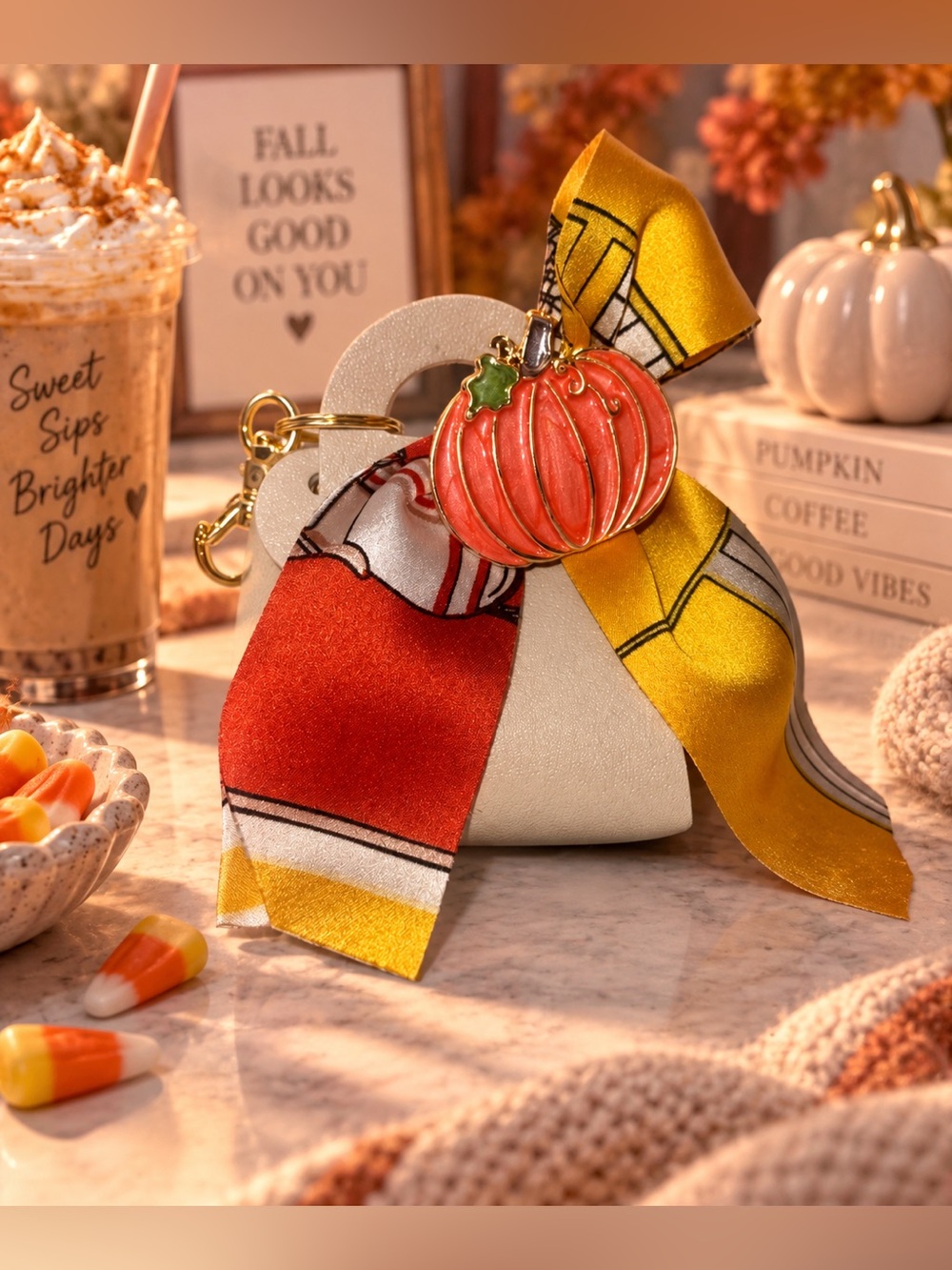 Cream Mini Handbag with Yellow Patterned Scarf and Pumpkin Brooch